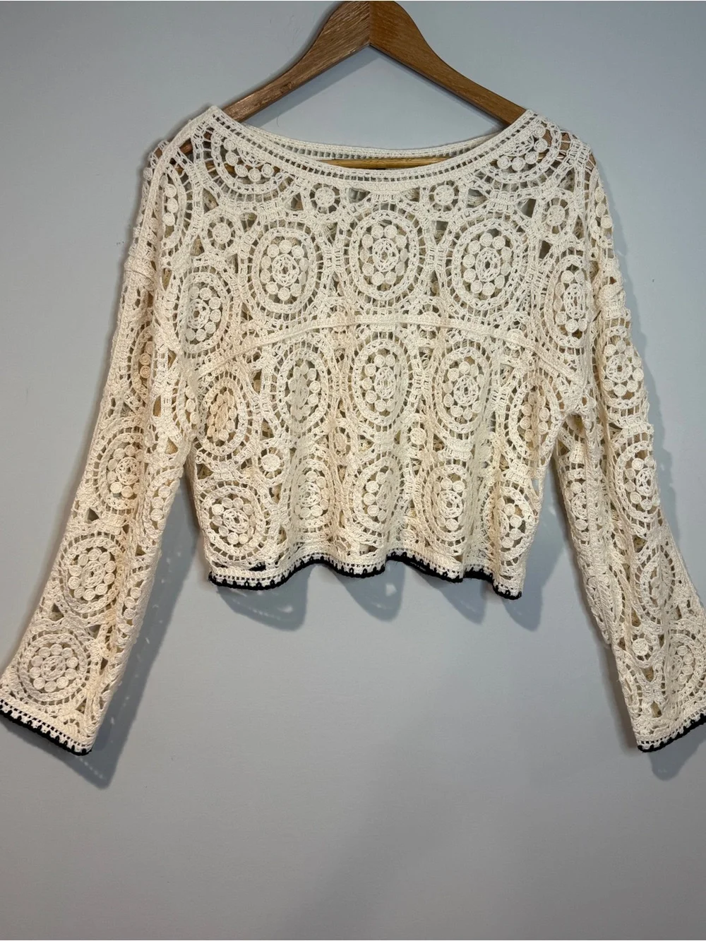 Zara Cream Crochet Lace Long Sleeve Crop Top Black Trim Boho Festival Sheer M